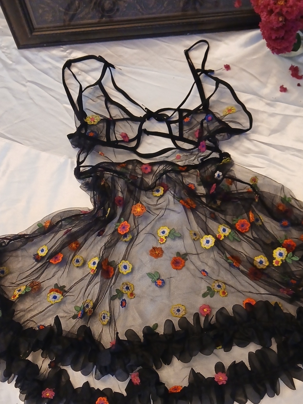Sheer Floral Embroidered Black Chemise - Delicate Slip